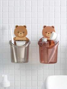 1入組掛鉤和 1入組杯隨機顏色 PP 牙刷架，卡通可愛熊圖案多功能浴室收納架 - 彩色 - 查看 1