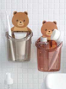 1入組掛鉤和 1入組杯隨機顏色 PP 牙刷架，卡通可愛熊圖案多功能浴室收納架 - 彩色 - 查看 2