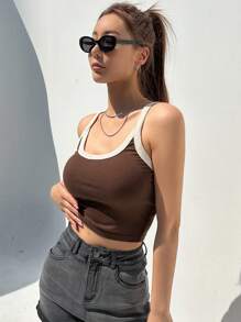 DAZY Contrast Binding Crop Cami Top - Coffee Brown - View 3