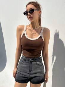 DAZY Contrast Binding Crop Cami Top - Coffee Brown - View 5