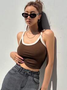 DAZY Contrast Binding Crop Cami Top - Coffee Brown - View 7