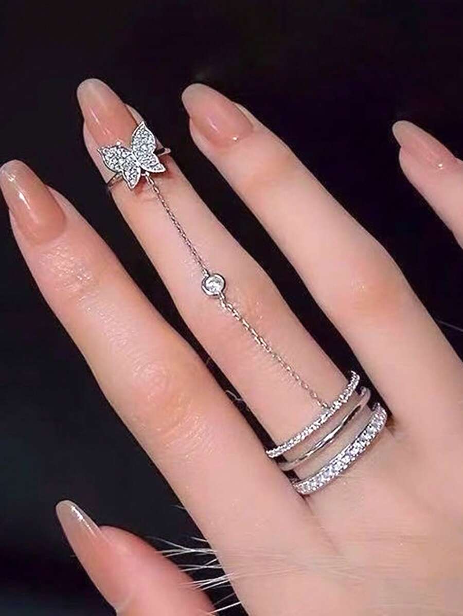 2 pezzi/set Anello affascinante con decorato farfalla guanto a manopola per donne per decorazione quotidiana - Argento - Visualizzare 1