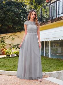 BABYONLINE D.R.E.S.S. Contrast Lace Mesh Overlay Bridesmaid Dress - Silver - View 1