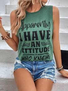 SHEIN LUNE Slogan Graphic Tank Top - Green - View 1