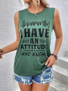 SHEIN LUNE Slogan Graphic Tank Top - Green - View 4