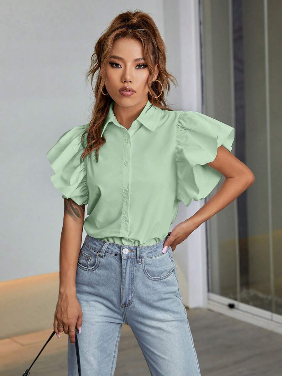 SHEIN Unity 素色蝴蝶袖前紐扣襯衫 - 薄荷綠 - 查看 1
