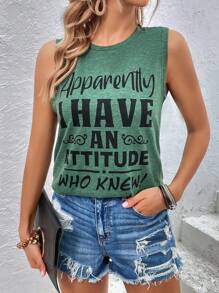 SHEIN LUNE Slogan Graphic Tank Top - Green - View 6