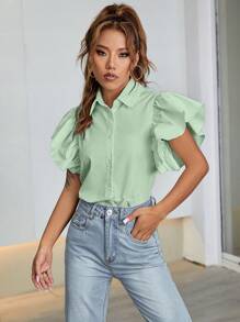 SHEIN Unity 素色蝴蝶袖前紐扣襯衫 - 薄荷綠 - 查看 3