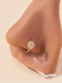 1pc Fashionable & Elegant Flower Shape Nose Ring For Women With Copper Inlayed Cubic Zirconia, Perfect For Parties Copper Jewelry Valentines,Mom,Mother,Mother's Day,Gift - Yellow Gold - View 1