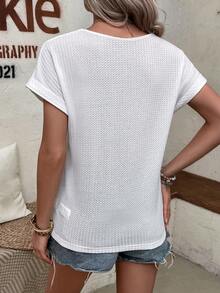 SHEIN LUNE Solid Hollow Out Batwing Sleeve Tee - White - View 2