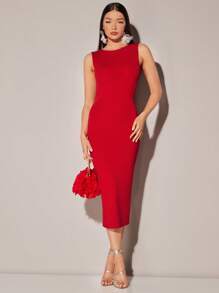 SHEIN BAE Solid Open Back Bodycon Dress - Red - View 1