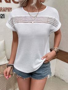 SHEIN LUNE Solid Hollow Out Batwing Sleeve Tee - White - View 6