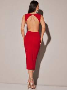 SHEIN BAE Solid Open Back Bodycon Dress - Red - View 2