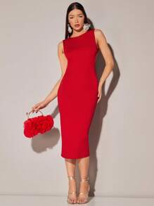 SHEIN BAE Solid Open Back Bodycon Dress - Red - View 3