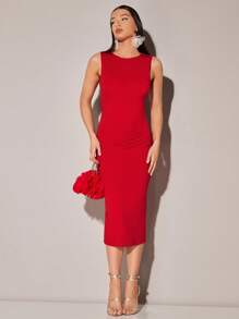 SHEIN BAE Solid Open Back Bodycon Dress - Red - View 4