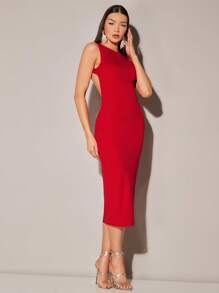 SHEIN BAE Solid Open Back Bodycon Dress - Red - View 6
