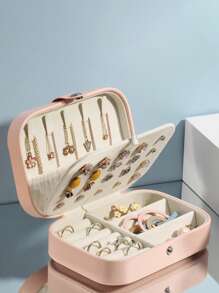 1pc PU Jewelry Box, Modern Solid Color Multi-Grid Jewelry Storage Box For Home And Travel, Gift For Valentine's Day - Pink - View 1