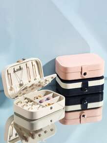 1pc PU Jewelry Box, Modern Solid Color Multi-Grid Jewelry Storage Box For Home And Travel, Gift For Valentine's Day - Pink - View 2