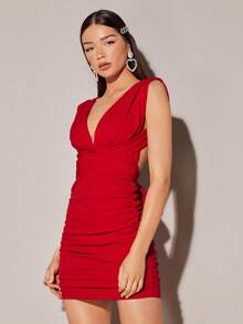 SHEIN BAE Plunge Neck Backless Ruched Side Ruched Bodycon Dress - Red - View 6