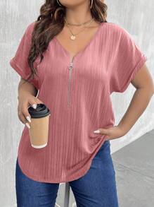 SHEIN LUNE 大碼半拉鏈蝙蝠袖弧形下擺襯衫 - 紅色 - 查看 1