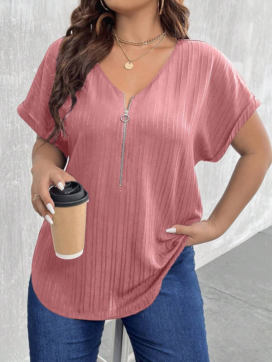 SHEIN LUNE 大碼半拉鏈蝙蝠袖弧形下擺襯衫 - 紅色 - 查看 1