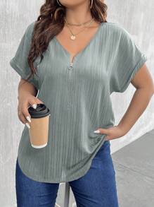 SHEIN LUNE 大碼半拉鏈蝙蝠袖弧形下擺襯衫 - 淺灰色 - 查看 1