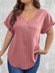 SHEIN LUNE 大碼半拉鏈蝙蝠袖弧形下擺襯衫 - 紅色 - 查看 4