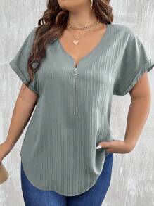 SHEIN LUNE 大碼半拉鏈蝙蝠袖弧形下擺襯衫 - 淺灰色 - 查看 3