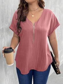 SHEIN LUNE 大碼半拉鏈蝙蝠袖弧形下擺襯衫 - 紅色 - 查看 5