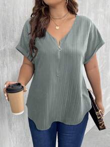 SHEIN LUNE 大碼半拉鏈蝙蝠袖弧形下擺襯衫 - 淺灰色 - 查看 4