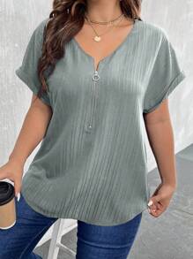 SHEIN LUNE 大碼半拉鏈蝙蝠袖弧形下擺襯衫 - 淺灰色 - 查看 5