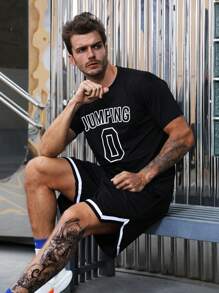 Manfinity Fitness Men Shorts Set Men Letter Graphic Contrast Trim Sports Set, Athletic Suit, Tracksuit  Workout Set Workout Set Basketball Breathable - Black - View 1