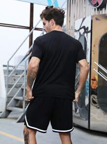 Manfinity Fitness Men Shorts Set Men Letter Graphic Contrast Trim Sports Set, Athletic Suit, Tracksuit  Workout Set Workout Set Basketball Breathable - Black - View 2