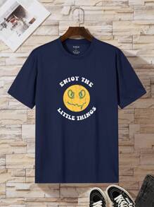 Men Cartoon And Slogan Graphic Tee - Navy Blue - View 1