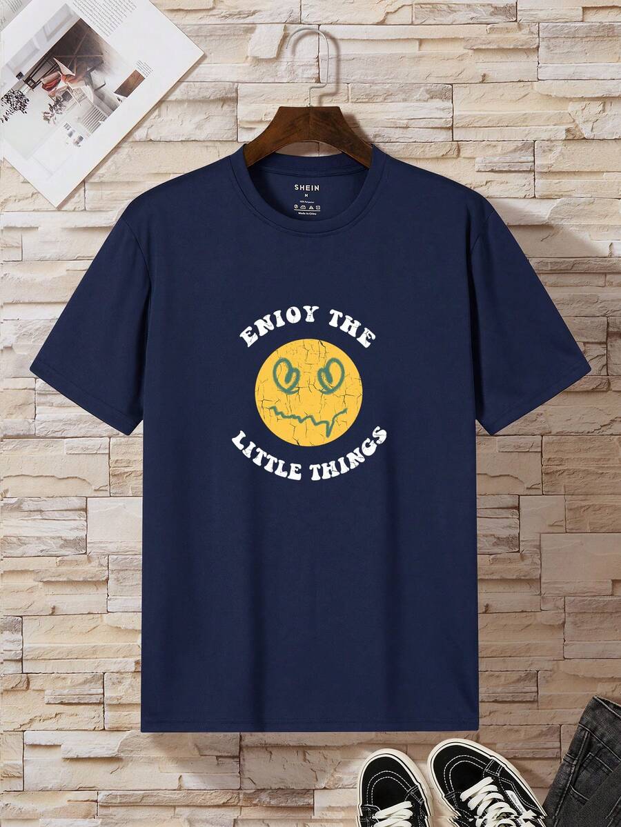 Men Cartoon And Slogan Graphic Tee - Navy Blue - View 1