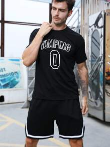 Manfinity Fitness Men Shorts Set Men Letter Graphic Contrast Trim Sports Set, Athletic Suit, Tracksuit  Workout Set Workout Set Basketball Breathable - Black - View 3