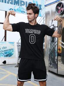 Manfinity Fitness Men Shorts Set Men Letter Graphic Contrast Trim Sports Set, Athletic Suit, Tracksuit  Workout Set Workout Set Basketball Breathable - Black - View 5