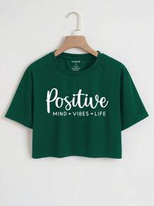 SHEIN EZwear Áo thun nữ Lá thư Giải trí - Màu xanh lá cây đậm - Xem 1