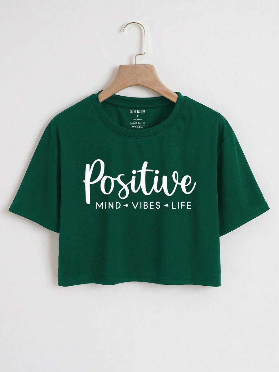 SHEIN EZwear Áo thun nữ Lá thư Giải trí - Màu xanh lá cây đậm - Xem 1
