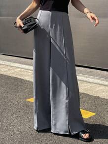 DAZY 高腰下擺開叉闊腿西裝褲 - 灰色 - 查看 4