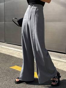 DAZY 高腰下擺開叉闊腿西裝褲 - 灰色 - 查看 6