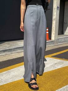 DAZY 高腰下擺開叉闊腿西裝褲 - 灰色 - 查看 7