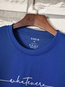 男士字母圖案T恤 - 藍色 - 查看 5