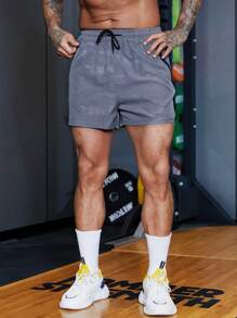 Fitness Pantalones cortos deportivos con cintura con cordón y bolsillo con cremallera, en estampado de camuflaje jacquard para hombres - Gris - Ver 3