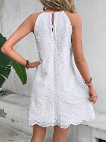 Breezaya Eyelet Embroidery Scallop Trim Halter Neck Dress - White - View 2