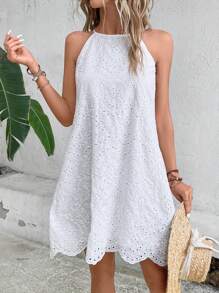 Breezaya Eyelet Embroidery Scallop Trim Halter Neck Dress - White - View 3