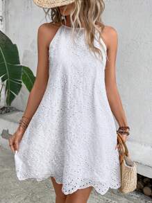 Breezaya Eyelet Embroidery Scallop Trim Halter Neck Dress - White - View 4