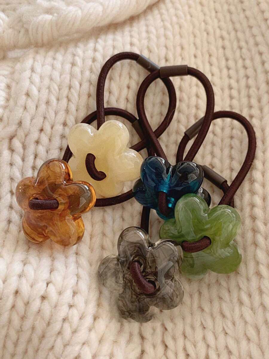 5 件女士花朵装饰时尚发带，适合日常生活，可爱马尾辫固定发圈，橡皮筋，发绳，弹性发带，发圈 - 彩色 - 查看 1