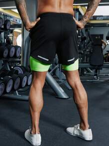 Manfinity Sport Corelite 男士撞色腰部抽繩二合一運動短褲帶手機袋 - 黑色 - 查看 2