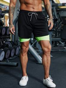 Manfinity Sport Corelite 男士撞色腰部抽繩二合一運動短褲帶手機袋 - 黑色 - 查看 4